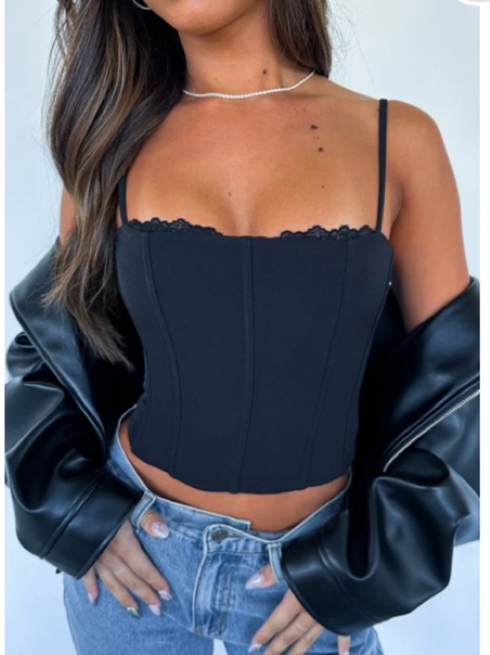 White Fox Boutique Black Lace-Trim Corset Crop Cami